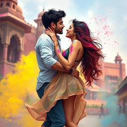 A vibrant and sensual illustration of a college girl inspired by Nushrat Bharucha, dressed in a low waist chiffon short skirt, playfully engaged in a lap dance with her boyfriend at a stunning Rajasthani fort during the festive celebration of Holi