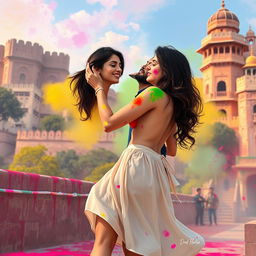 A vibrant and sensual illustration of a college girl inspired by Nushrat Bharucha, dressed in a low waist chiffon short skirt, playfully engaged in a lap dance with her boyfriend at a stunning Rajasthani fort during the festive celebration of Holi