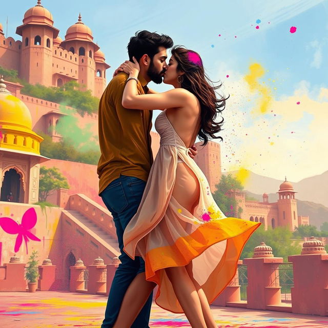 A vibrant and sensual illustration of a college girl inspired by Nushrat Bharucha, dressed in a low waist chiffon short skirt, playfully engaged in a lap dance with her boyfriend at a stunning Rajasthani fort during the festive celebration of Holi