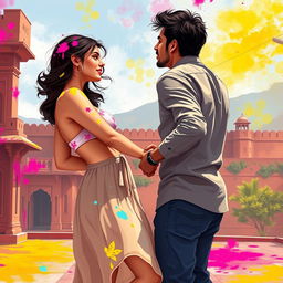 A vibrant and sensual illustration of a college girl inspired by Nushrat Bharucha, dressed in a low waist chiffon short skirt, playfully engaged in a lap dance with her boyfriend at a stunning Rajasthani fort during the festive celebration of Holi