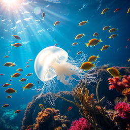 A vibrant underwater scene featuring a majestic, luminous jellyfish gracefully gliding through colorful coral reefs