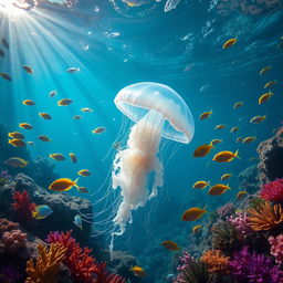 A vibrant underwater scene featuring a majestic, luminous jellyfish gracefully gliding through colorful coral reefs