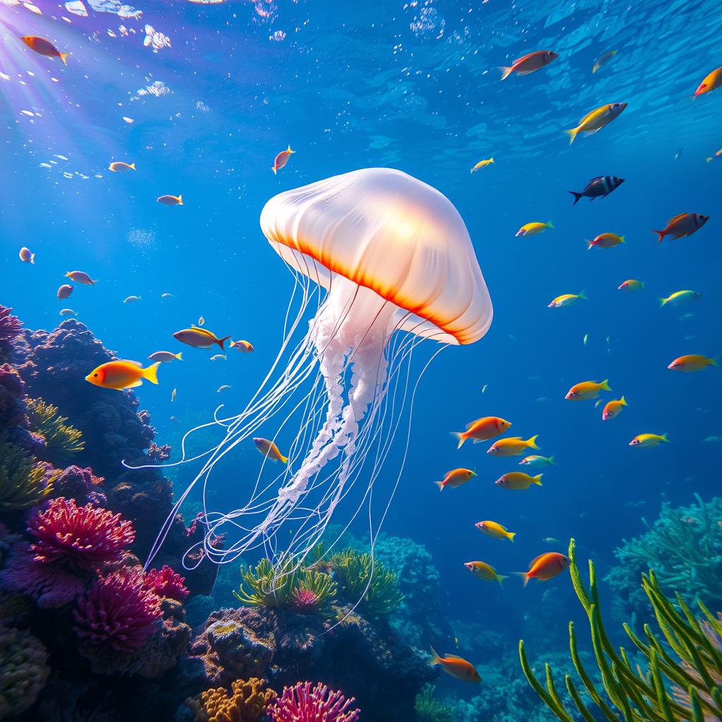 A vibrant underwater scene featuring a majestic, luminous jellyfish gracefully gliding through colorful coral reefs