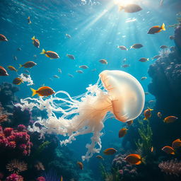 A vibrant underwater scene featuring a majestic, luminous jellyfish gracefully gliding through colorful coral reefs
