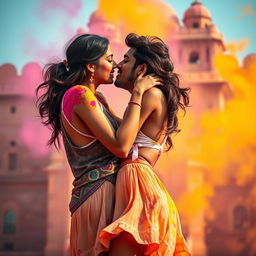 A vibrant and intimate scene depicting a college girl inspired by Nushrat Bharucha, dressed in a low waist chiffon short skirt, engaged in a playful lap dance with her boyfriend at a beautiful Rajasthani fort during the colorful Holi festival