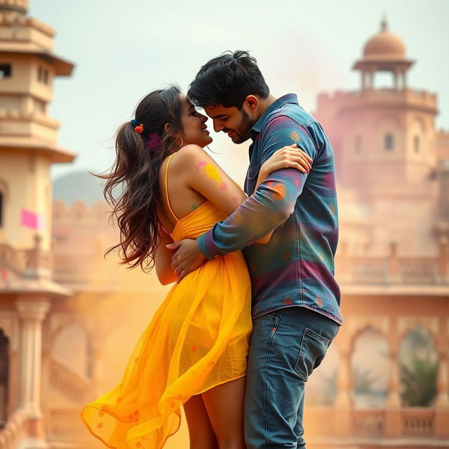 A vibrant and intimate scene depicting a college girl inspired by Nushrat Bharucha, dressed in a low waist chiffon short skirt, engaged in a playful lap dance with her boyfriend at a beautiful Rajasthani fort during the colorful Holi festival