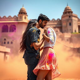 A vibrant and intimate scene depicting a college girl inspired by Nushrat Bharucha, dressed in a low waist chiffon short skirt, engaged in a playful lap dance with her boyfriend at a beautiful Rajasthani fort during the colorful Holi festival