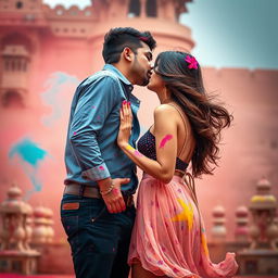 A vibrant and intimate scene depicting a college girl inspired by Nushrat Bharucha, dressed in a low waist chiffon short skirt, engaged in a playful lap dance with her boyfriend at a beautiful Rajasthani fort during the colorful Holi festival