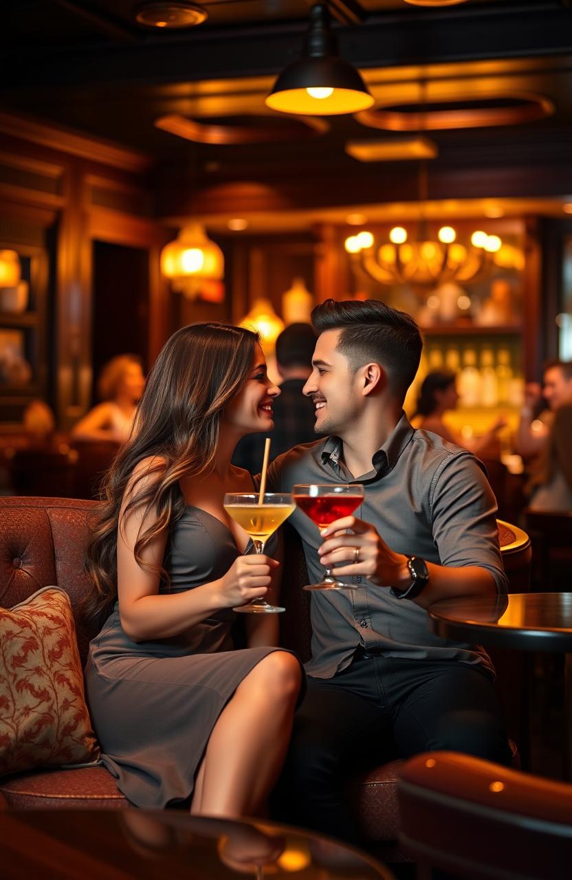 A romantic couple seated together in a cozy bar, bathed in warm, soft lighting