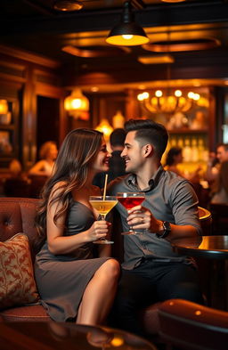 A romantic couple seated together in a cozy bar, bathed in warm, soft lighting