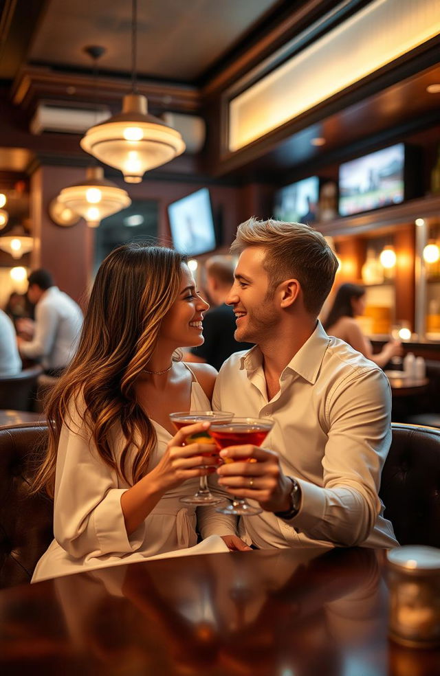 A romantic couple seated together in a cozy bar, bathed in warm, soft lighting