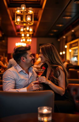 A romantic couple seated together in a cozy bar, bathed in warm, soft lighting