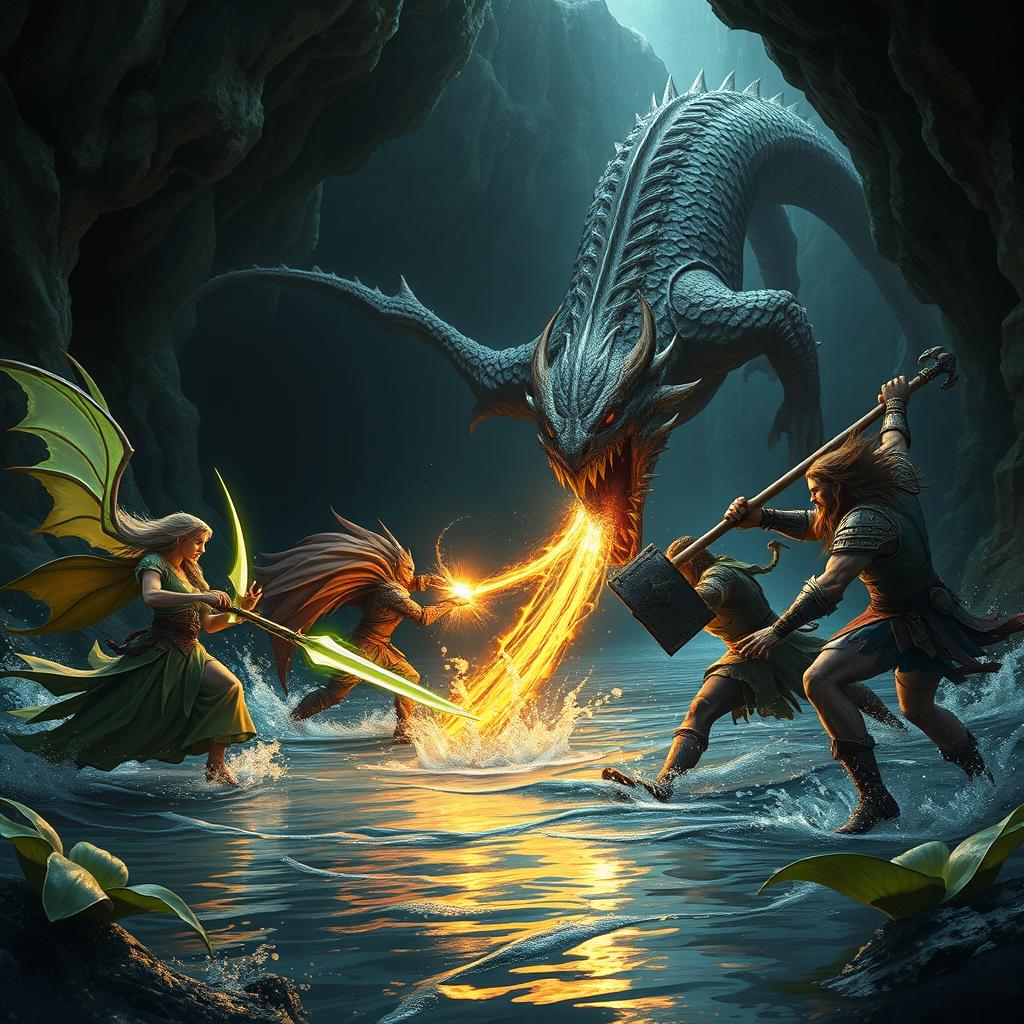 An exhilarating battle scene taking place in a dark underground water channel, featuring four avantbrists: a bard elf with flowing garments playing a magical lute, a strong Dragonborn sorcerer with bright scales unleashing a powerful spell, a noble Lenin paladin clad in shining armor wielding a radiant sword, and a fierce pro barbarian with wild hair, charging with a massive axe