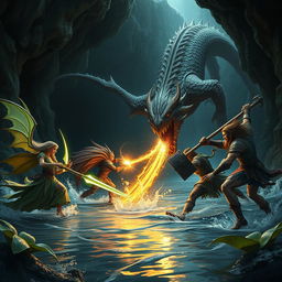 An exhilarating battle scene taking place in a dark underground water channel, featuring four avantbrists: a bard elf with flowing garments playing a magical lute, a strong Dragonborn sorcerer with bright scales unleashing a powerful spell, a noble Lenin paladin clad in shining armor wielding a radiant sword, and a fierce pro barbarian with wild hair, charging with a massive axe