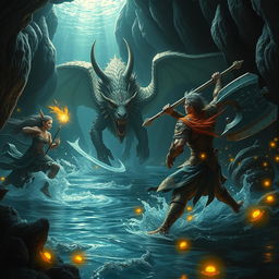 An exhilarating battle scene taking place in a dark underground water channel, featuring four avantbrists: a bard elf with flowing garments playing a magical lute, a strong Dragonborn sorcerer with bright scales unleashing a powerful spell, a noble Lenin paladin clad in shining armor wielding a radiant sword, and a fierce pro barbarian with wild hair, charging with a massive axe