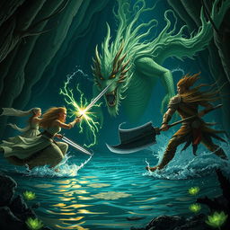 An exhilarating battle scene taking place in a dark underground water channel, featuring four avantbrists: a bard elf with flowing garments playing a magical lute, a strong Dragonborn sorcerer with bright scales unleashing a powerful spell, a noble Lenin paladin clad in shining armor wielding a radiant sword, and a fierce pro barbarian with wild hair, charging with a massive axe