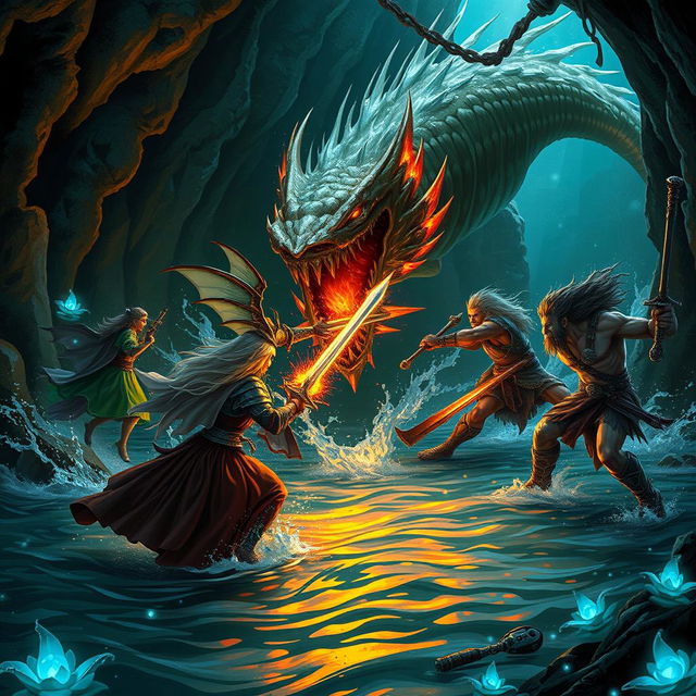 An exhilarating battle scene taking place in a dark underground water channel, featuring four avantbrists: a bard elf with flowing garments playing a magical lute, a strong Dragonborn sorcerer with bright scales unleashing a powerful spell, a noble Lenin paladin clad in shining armor wielding a radiant sword, and a fierce pro barbarian with wild hair, charging with a massive axe