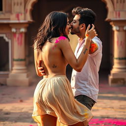An enchanting scene featuring a college girl inspired by Nushrat Bharucha, wearing a low waist chiffon short skirt, playfully engaged in a lap dance with her boyfriend at a beautiful Rajasthani fort during the festive Holi celebration