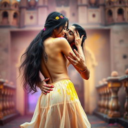 An enchanting scene featuring a college girl inspired by Nushrat Bharucha, wearing a low waist chiffon short skirt, playfully engaged in a lap dance with her boyfriend at a beautiful Rajasthani fort during the festive Holi celebration