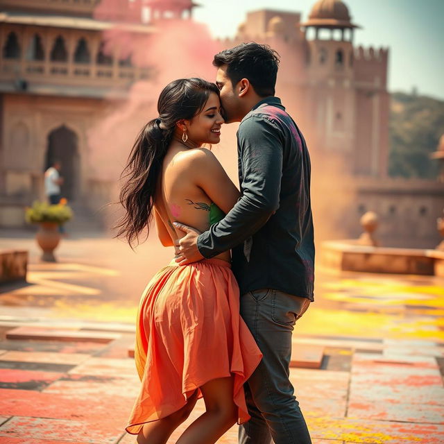 An enchanting scene featuring a college girl inspired by Nushrat Bharucha, wearing a low waist chiffon short skirt, playfully engaged in a lap dance with her boyfriend at a beautiful Rajasthani fort during the festive Holi celebration