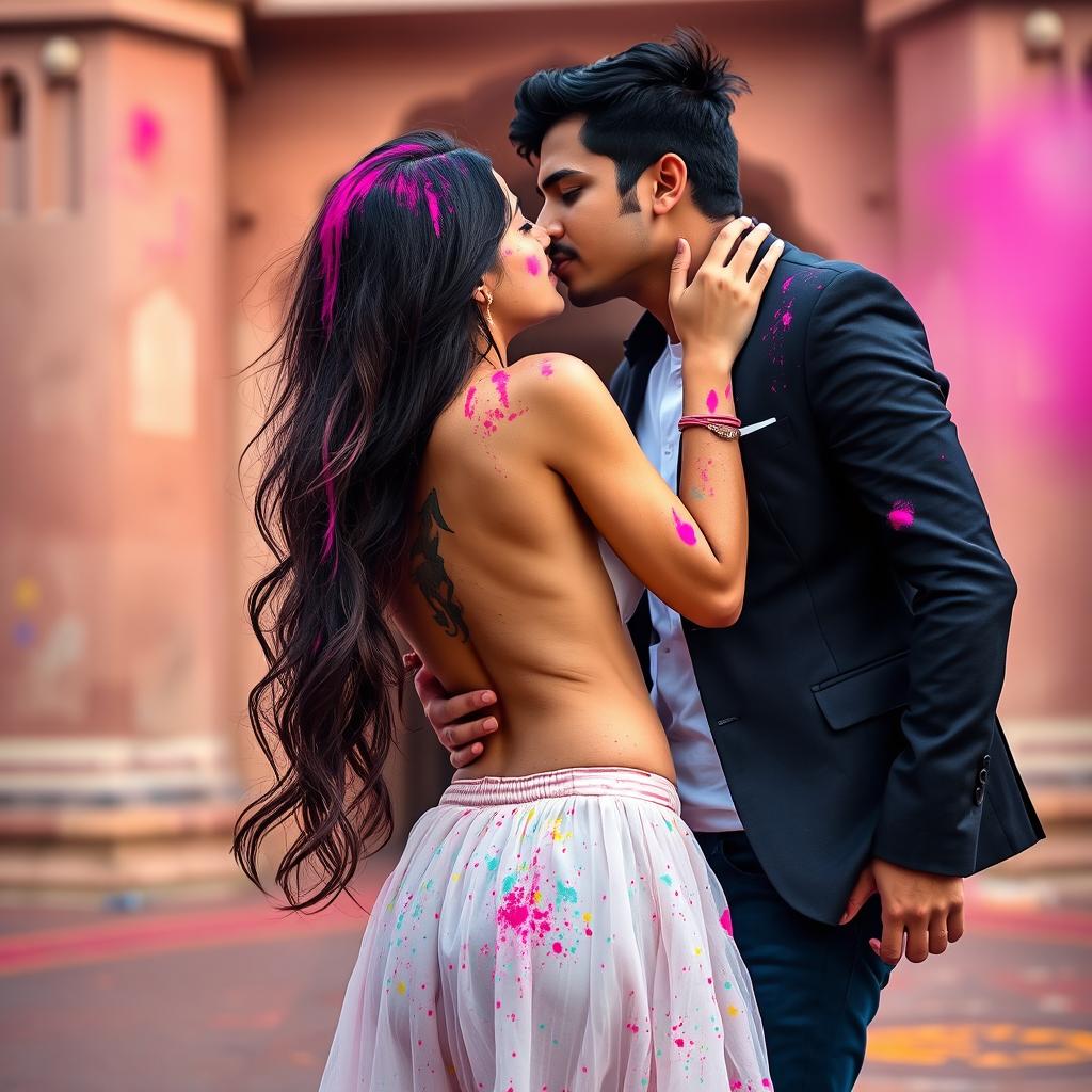 An enchanting scene featuring a college girl inspired by Nushrat Bharucha, wearing a low waist chiffon short skirt, playfully engaged in a lap dance with her boyfriend at a beautiful Rajasthani fort during the festive Holi celebration