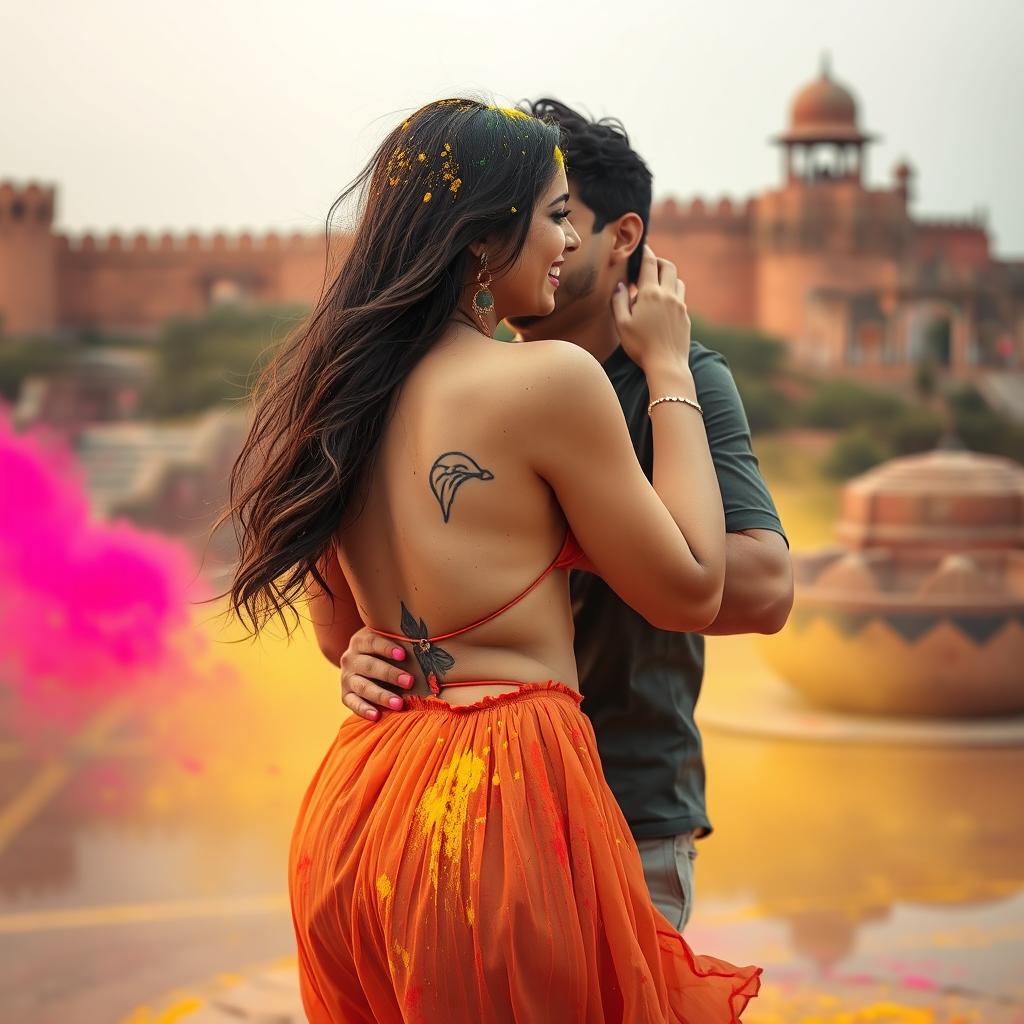 A captivating scene of a college girl inspired by Nushrat Bharucha, wearing a low waist chiffon short skirt, engaging in a playful and sensual lap dance with her boyfriend at a picturesque Rajasthani fort during a vibrant Holi celebration