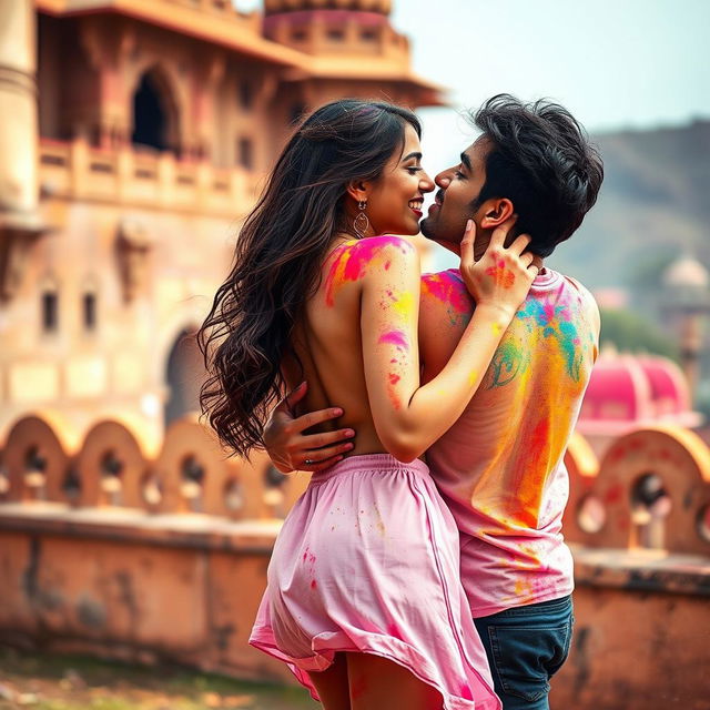 A captivating scene of a college girl inspired by Nushrat Bharucha, wearing a low waist chiffon short skirt, engaging in a playful and sensual lap dance with her boyfriend at a picturesque Rajasthani fort during a vibrant Holi celebration