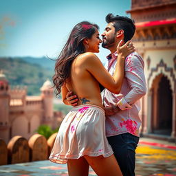 A captivating scene of a college girl inspired by Nushrat Bharucha, wearing a low waist chiffon short skirt, engaging in a playful and sensual lap dance with her boyfriend at a picturesque Rajasthani fort during a vibrant Holi celebration