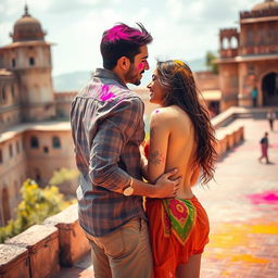 A captivating scene of a college girl inspired by Nushrat Bharucha, wearing a low waist chiffon short skirt, engaging in a playful and sensual lap dance with her boyfriend at a picturesque Rajasthani fort during a vibrant Holi celebration