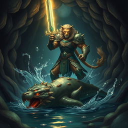 A dramatic scene depicting a fierce leonin paladin in a dark, twisting Gordian water tunnel, poised triumphantly over a defeated abalette