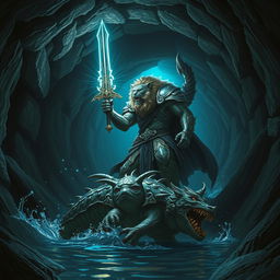 A dramatic scene depicting a fierce leonin paladin in a dark, twisting Gordian water tunnel, poised triumphantly over a defeated abalette