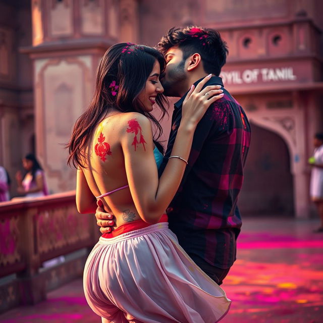 A captivating and colorful scene of a college girl inspired by Nushrat Bharucha, wearing a low waist chiffon short skirt, engaged in a joyful lap dance with her boyfriend at a stunning Rajasthani fort during the lively Holi festival