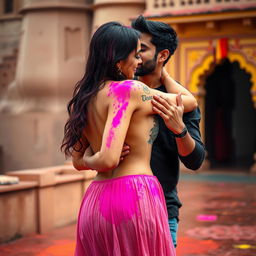 A captivating and colorful scene of a college girl inspired by Nushrat Bharucha, wearing a low waist chiffon short skirt, engaged in a joyful lap dance with her boyfriend at a stunning Rajasthani fort during the lively Holi festival