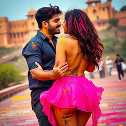 A captivating and colorful scene of a college girl inspired by Nushrat Bharucha, wearing a low waist chiffon short skirt, engaged in a joyful lap dance with her boyfriend at a stunning Rajasthani fort during the lively Holi festival