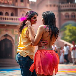 A captivating and colorful scene of a college girl inspired by Nushrat Bharucha, wearing a low waist chiffon short skirt, engaged in a joyful lap dance with her boyfriend at a stunning Rajasthani fort during the lively Holi festival