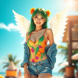 A beautiful green-haired angelic Korean girl wearing a One Piece swimsuit styled creatively under her casual jeans