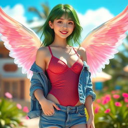 A beautiful green-haired angelic Korean girl wearing a One Piece swimsuit styled creatively under her casual jeans