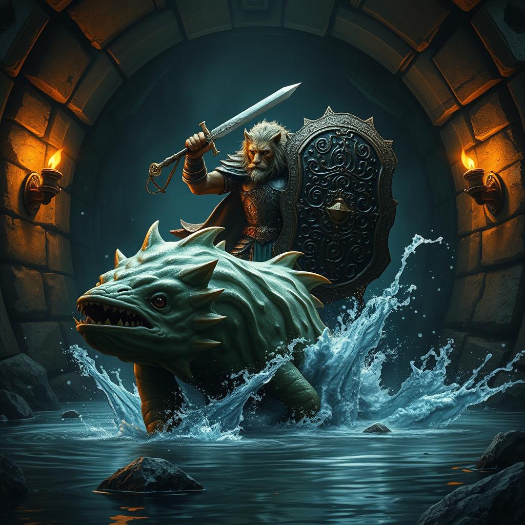 A striking scene depicting a powerful leonin paladin wielding a mighty budava and a shield, standing triumphant over a massive, menacing abalette in a dark, intricately stoneworked Gordian water tunnel