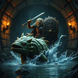 A striking scene depicting a powerful leonin paladin wielding a mighty budava and a shield, standing triumphant over a massive, menacing abalette in a dark, intricately stoneworked Gordian water tunnel