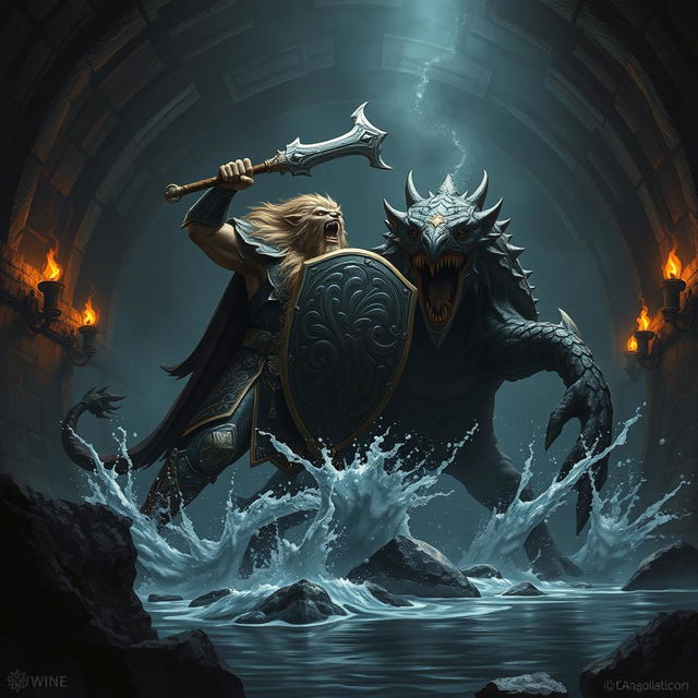 A striking scene depicting a powerful leonin paladin wielding a mighty budava and a shield, standing triumphant over a massive, menacing abalette in a dark, intricately stoneworked Gordian water tunnel