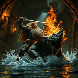 A striking scene depicting a powerful leonin paladin wielding a mighty budava and a shield, standing triumphant over a massive, menacing abalette in a dark, intricately stoneworked Gordian water tunnel