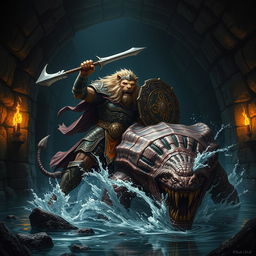 A striking scene depicting a powerful leonin paladin wielding a mighty budava and a shield, standing triumphant over a massive, menacing abalette in a dark, intricately stoneworked Gordian water tunnel