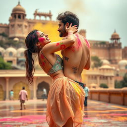 A vibrant and joyful scene featuring a college girl inspired by Nushrat Bharucha, wearing a low waist chiffon short skirt, playfully engaged in a lap dance with her boyfriend at a magnificent Rajasthani fort during the Holi festival