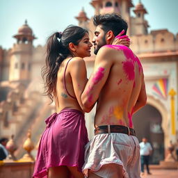 A vibrant and joyful scene featuring a college girl inspired by Nushrat Bharucha, wearing a low waist chiffon short skirt, playfully engaged in a lap dance with her boyfriend at a magnificent Rajasthani fort during the Holi festival