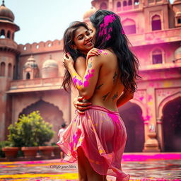 A vibrant and joyful scene featuring a college girl inspired by Nushrat Bharucha, wearing a low waist chiffon short skirt, playfully engaged in a lap dance with her boyfriend at a magnificent Rajasthani fort during the Holi festival