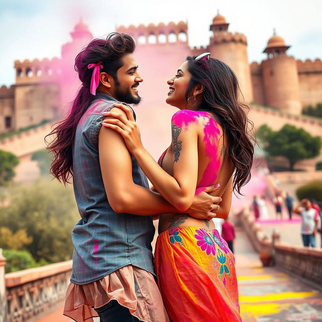 A vibrant and joyful scene featuring a college girl inspired by Nushrat Bharucha, wearing a low waist chiffon short skirt, playfully engaged in a lap dance with her boyfriend at a magnificent Rajasthani fort during the Holi festival