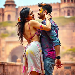A spirited and colorful scene depicting a college girl inspired by Nushrat Bharucha, dressed in a low waist chiffon short skirt, joyfully engaged in a lap dance with her boyfriend at a stunning Rajasthani fort during the vibrant Holi festival