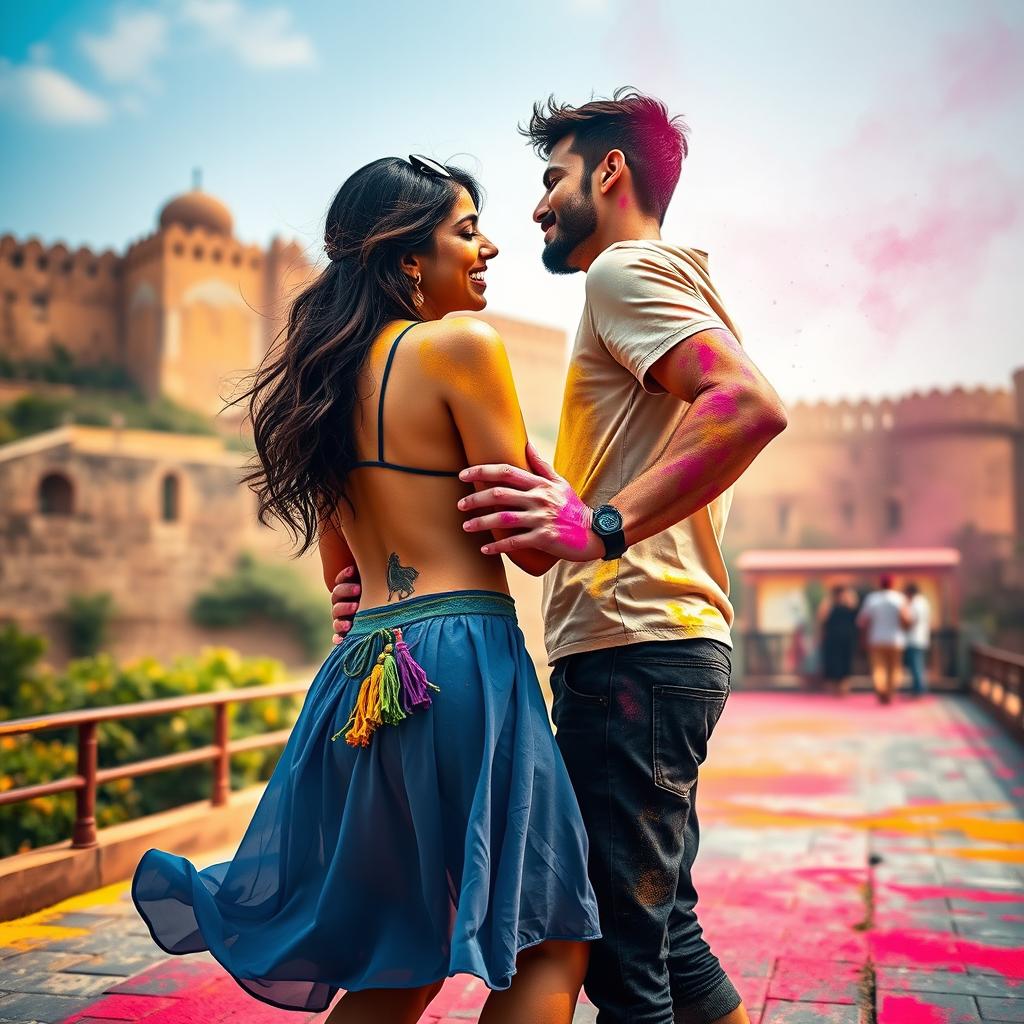 A spirited and colorful scene depicting a college girl inspired by Nushrat Bharucha, dressed in a low waist chiffon short skirt, joyfully engaged in a lap dance with her boyfriend at a stunning Rajasthani fort during the vibrant Holi festival