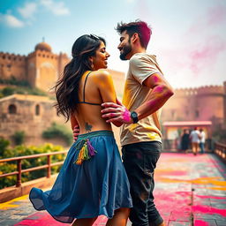 A spirited and colorful scene depicting a college girl inspired by Nushrat Bharucha, dressed in a low waist chiffon short skirt, joyfully engaged in a lap dance with her boyfriend at a stunning Rajasthani fort during the vibrant Holi festival