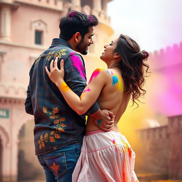 A spirited and colorful scene depicting a college girl inspired by Nushrat Bharucha, dressed in a low waist chiffon short skirt, joyfully engaged in a lap dance with her boyfriend at a stunning Rajasthani fort during the vibrant Holi festival